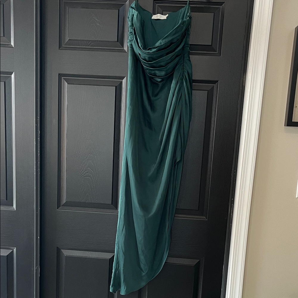Astr Asymmetrical Green Draped Strapless Satin Dress